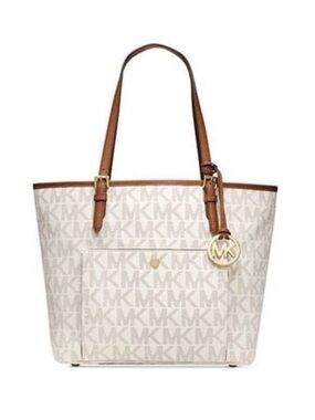 Michael Kors Cream Signature Tote with Brown Leather Trim